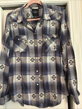 American Eagle Blue Plaid Snap-Front Shirt